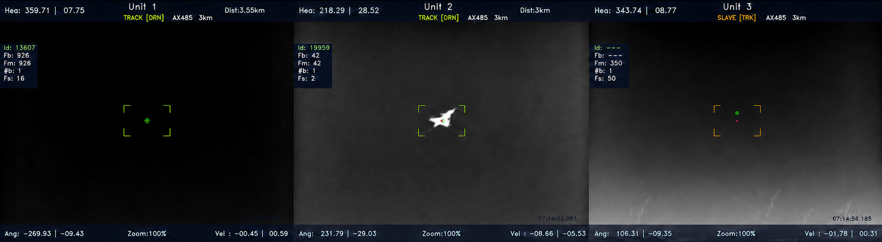 Three tracker displays side by side: two units holding the same target on their own sensors, the third slaved to them